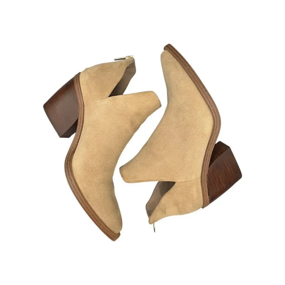 Vince Camuto Bibestie Suede Ankle Booties | Tan 7.5M / 38 | Stacked Block Heel